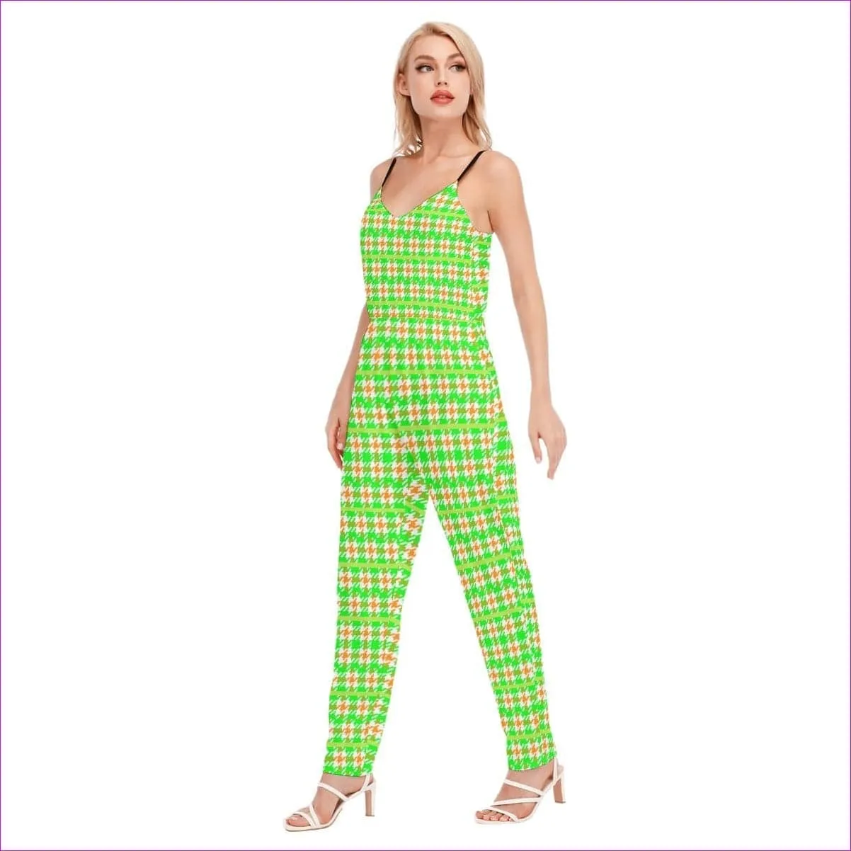 Neon Houndstooth Womens V-neck Cami Jumpsuit