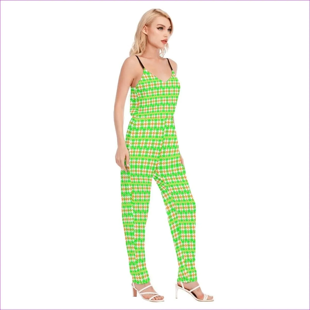 Neon Houndstooth Womens V-neck Cami Jumpsuit