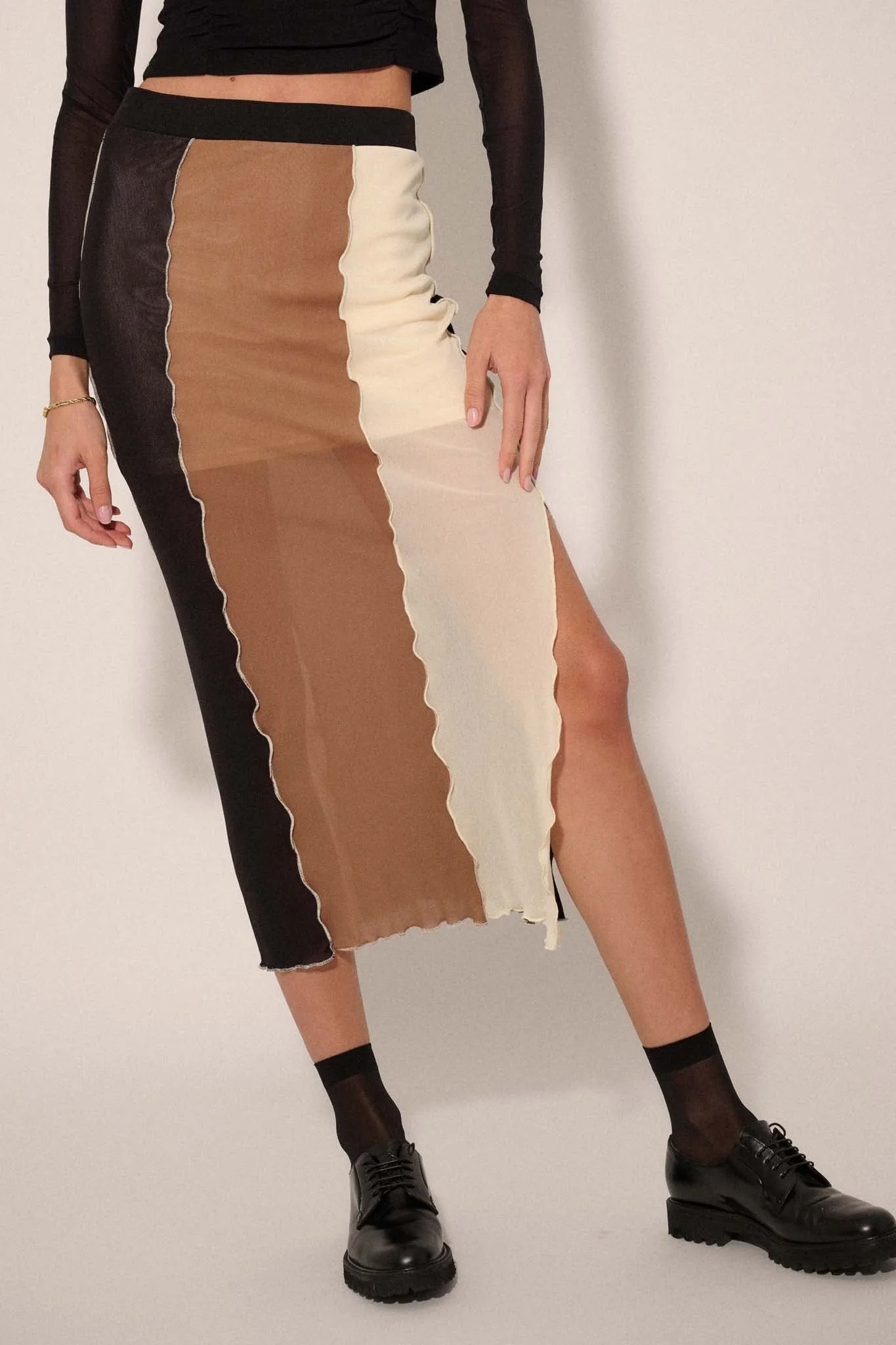 Neutral Territory Colorblock Mesh Midi Skirt