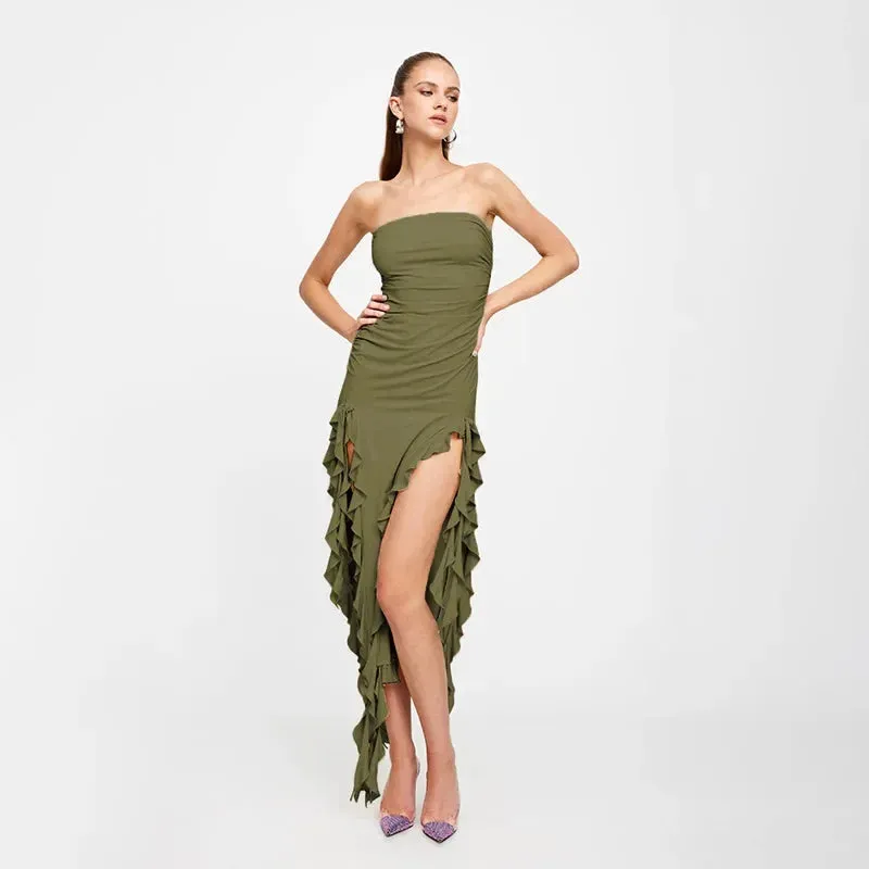 Off Sexy Ruffles Shoulder Holiday 2024 Strapless Beach Elegant Slim Fit Dress