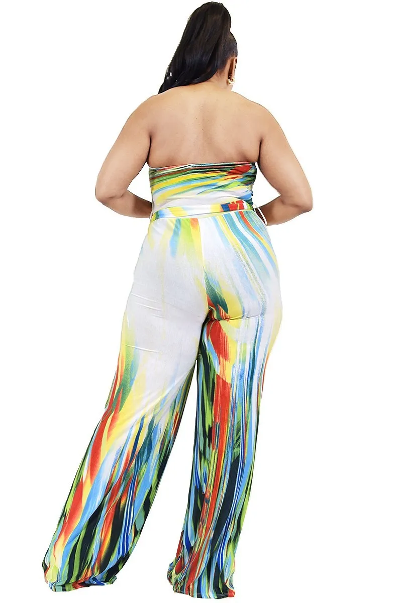 Off Shoulder Color Brushed Tie Waist Jumpsuit Voluptuous ( ) Plus Size - Ships from The US