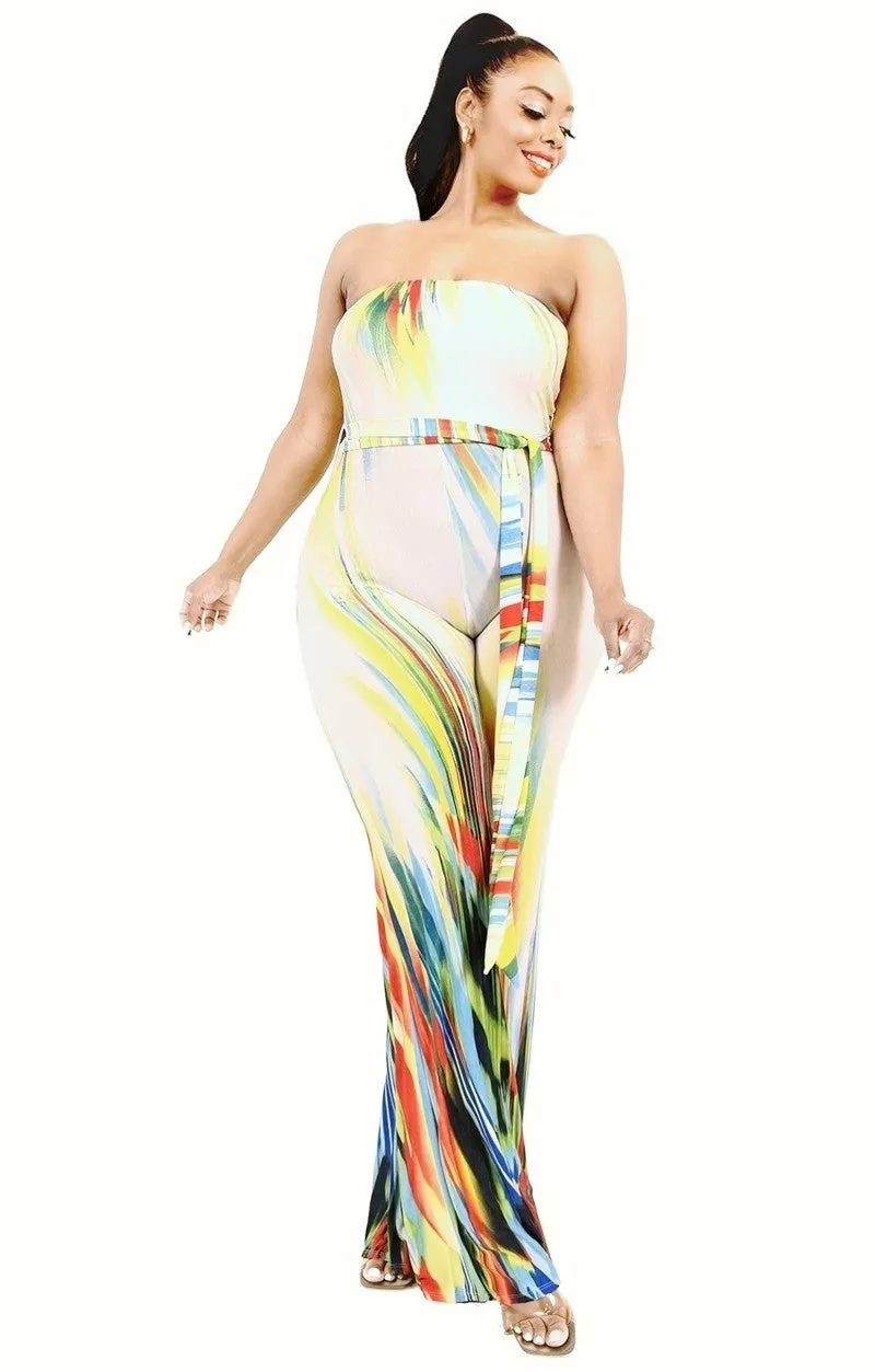 Off Shoulder Color Brushed Tie Waist Jumpsuit Voluptuous ( ) Plus Size - Ships from The US