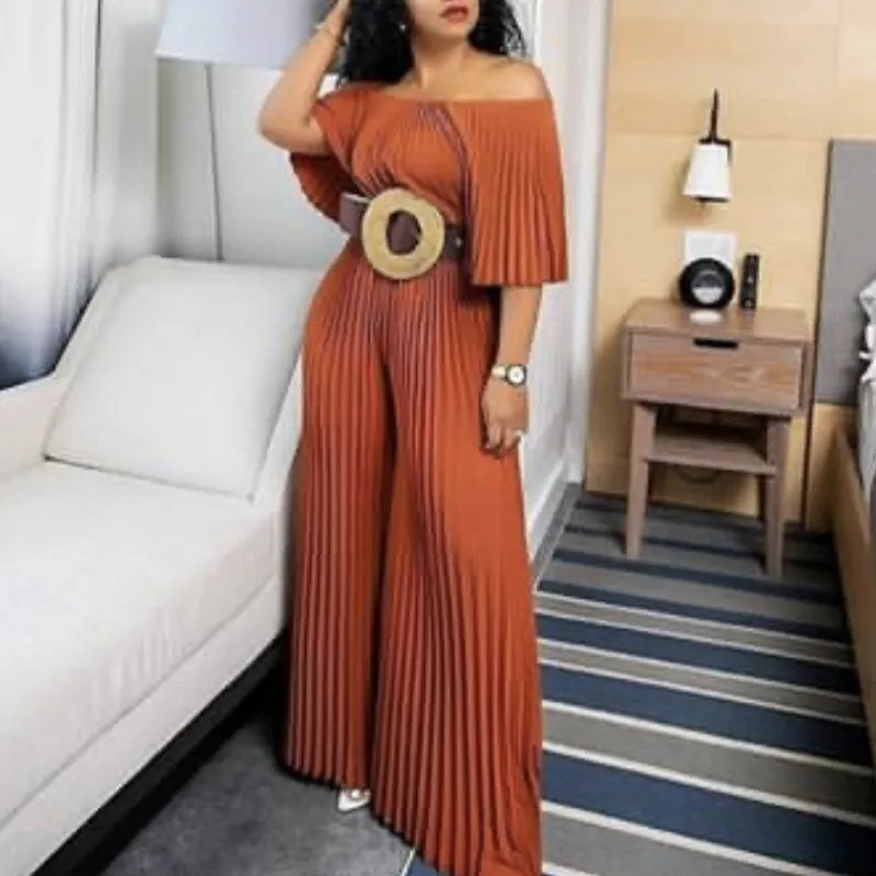 Off Shoulder Jumpsuit Loose Pleated High Waist Half Sleeve Jumpsuit