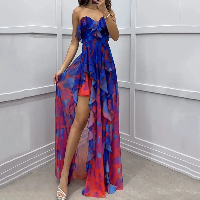 Off Shoulder Slim Banquet New Strapless Hollow Out Evening Ruffle Printed 's Long Summer Elegant Dress