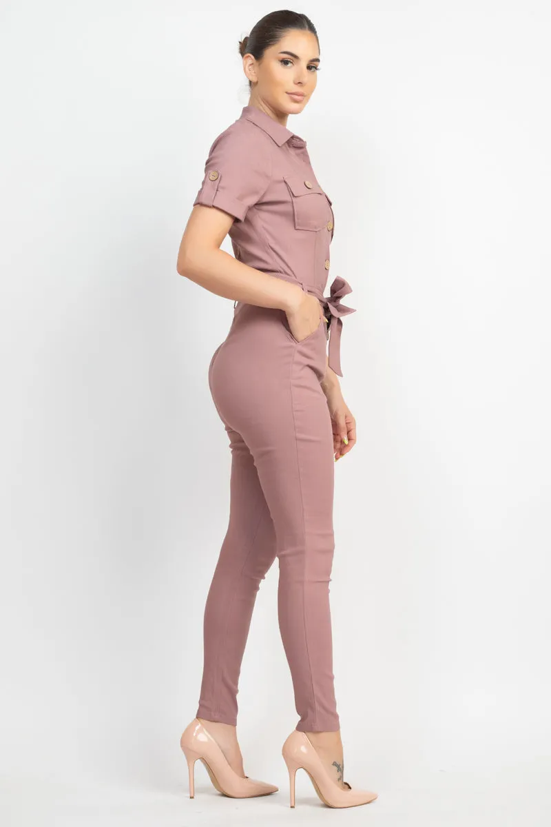 Office Approved Collared Waist-tie Buttoned Jumpsuit - 4 colors - Ships from The US