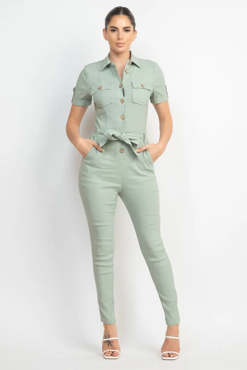 Office Approved Collared Waist-tie Buttoned Jumpsuit - 4 colors - Ships from The US