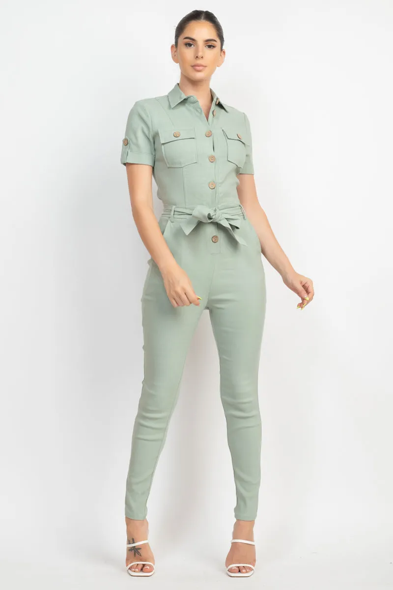 Office Approved Collared Waist-tie Buttoned Jumpsuit - 4 colors - Ships from The US