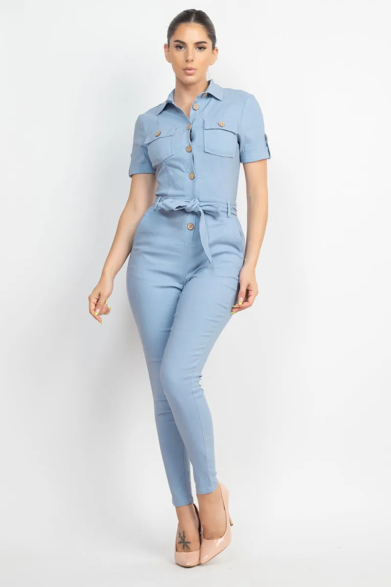 Office Approved Collared Waist-tie Buttoned Jumpsuit - 4 colors - Ships from The US