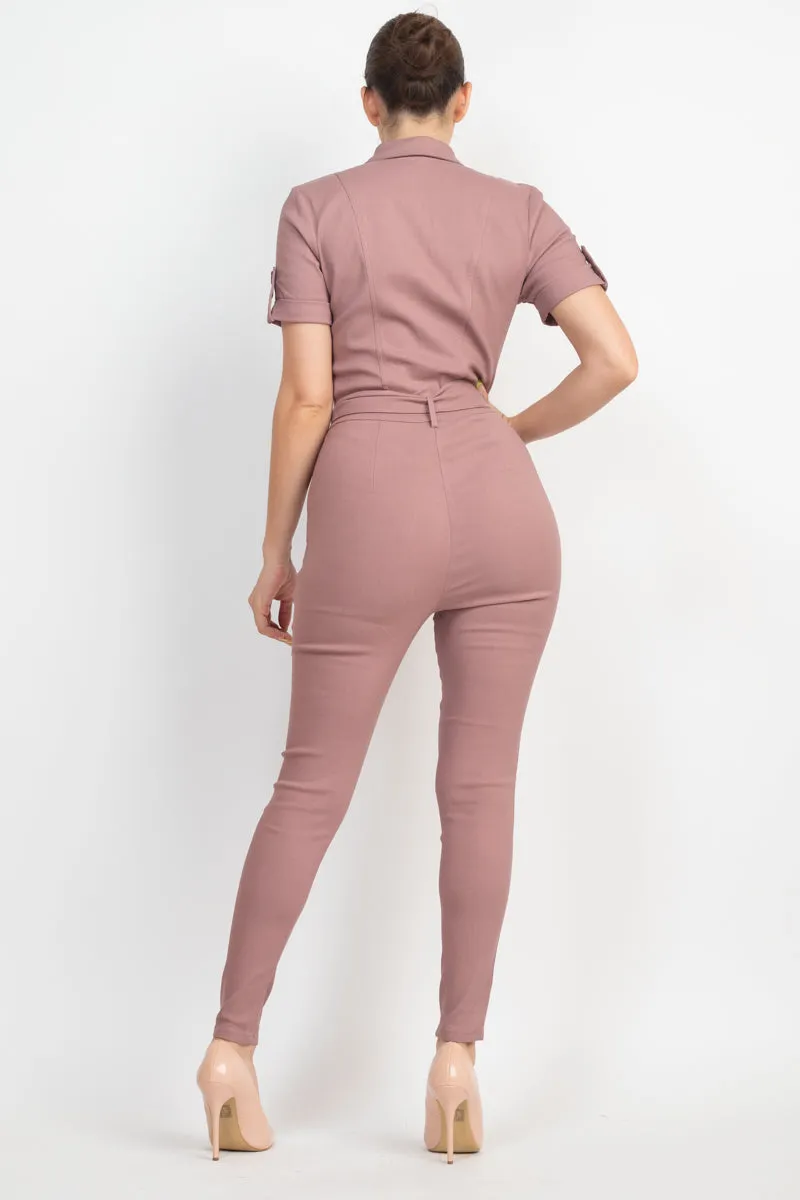 Office Approved Collared Waist-tie Buttoned Jumpsuit - 4 colors - Ships from The US