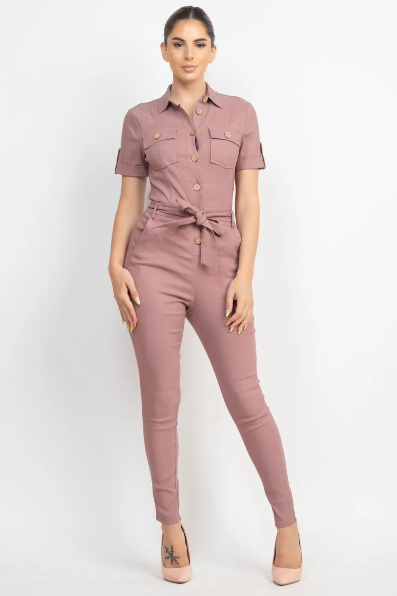 Office Approved Collared Waist-tie Buttoned Jumpsuit - 4 colors - Ships from The US