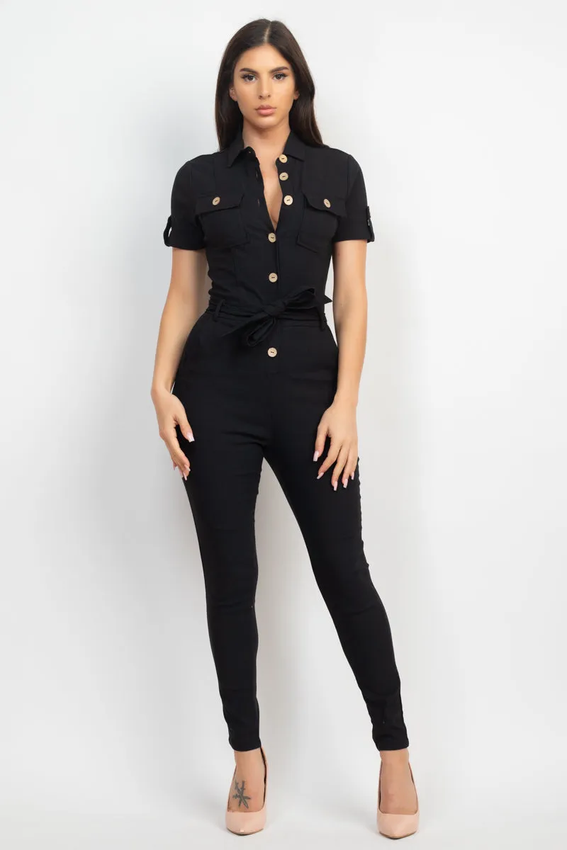 Office Approved Collared Waist-tie Buttoned Jumpsuit - 4 colors - Ships from The US