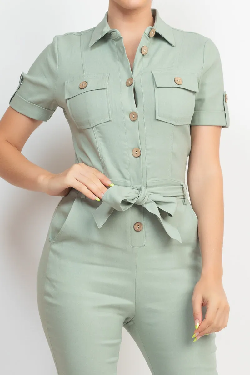 Office Approved Collared Waist-tie Buttoned Jumpsuit - 4 colors - Ships from The US