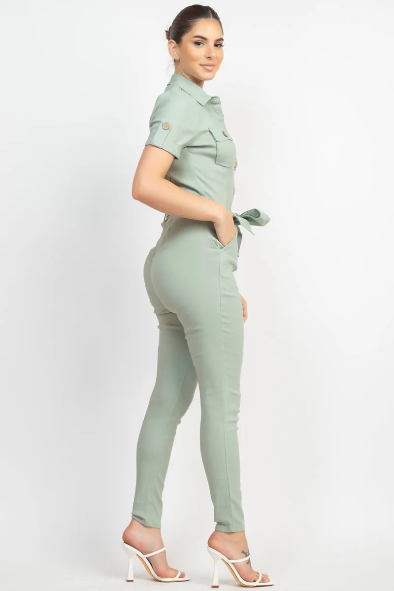 Office Approved Collared Waist-tie Buttoned Jumpsuit - 4 colors - Ships from The US