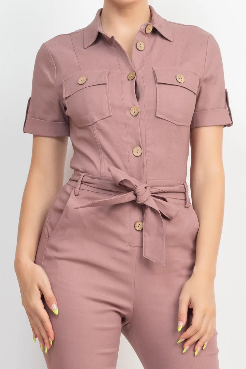 Office Approved Collared Waist-tie Buttoned Jumpsuit - 4 colors - Ships from The US