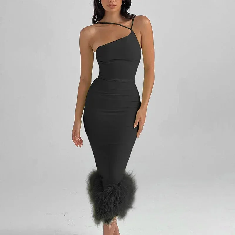 One Shoulder Halter Feather Summer Club Party Temperament Elegant Slim Bodycon Midi Dress