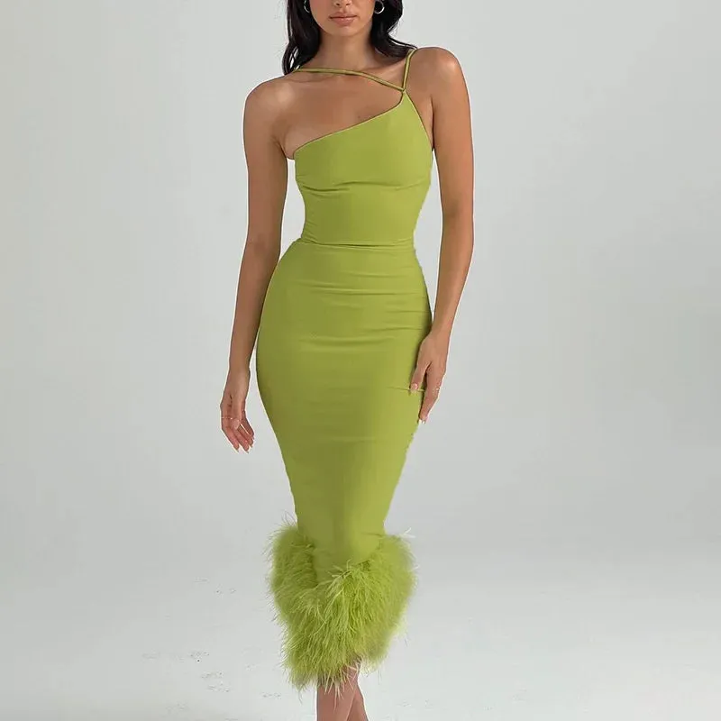 One Shoulder Halter Feather Summer Club Party Temperament Elegant Slim Bodycon Midi Dress