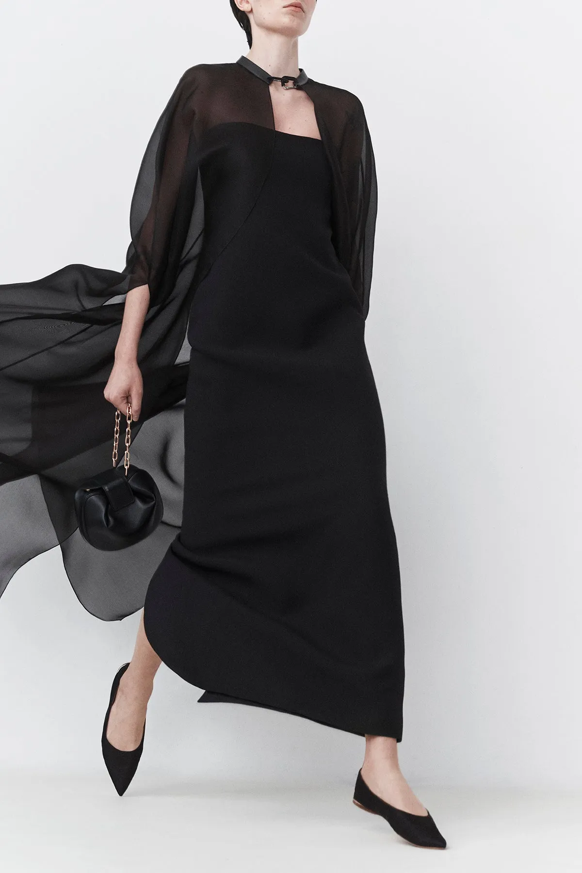 Opus Maxi Dress in Black Wool Silk Cady