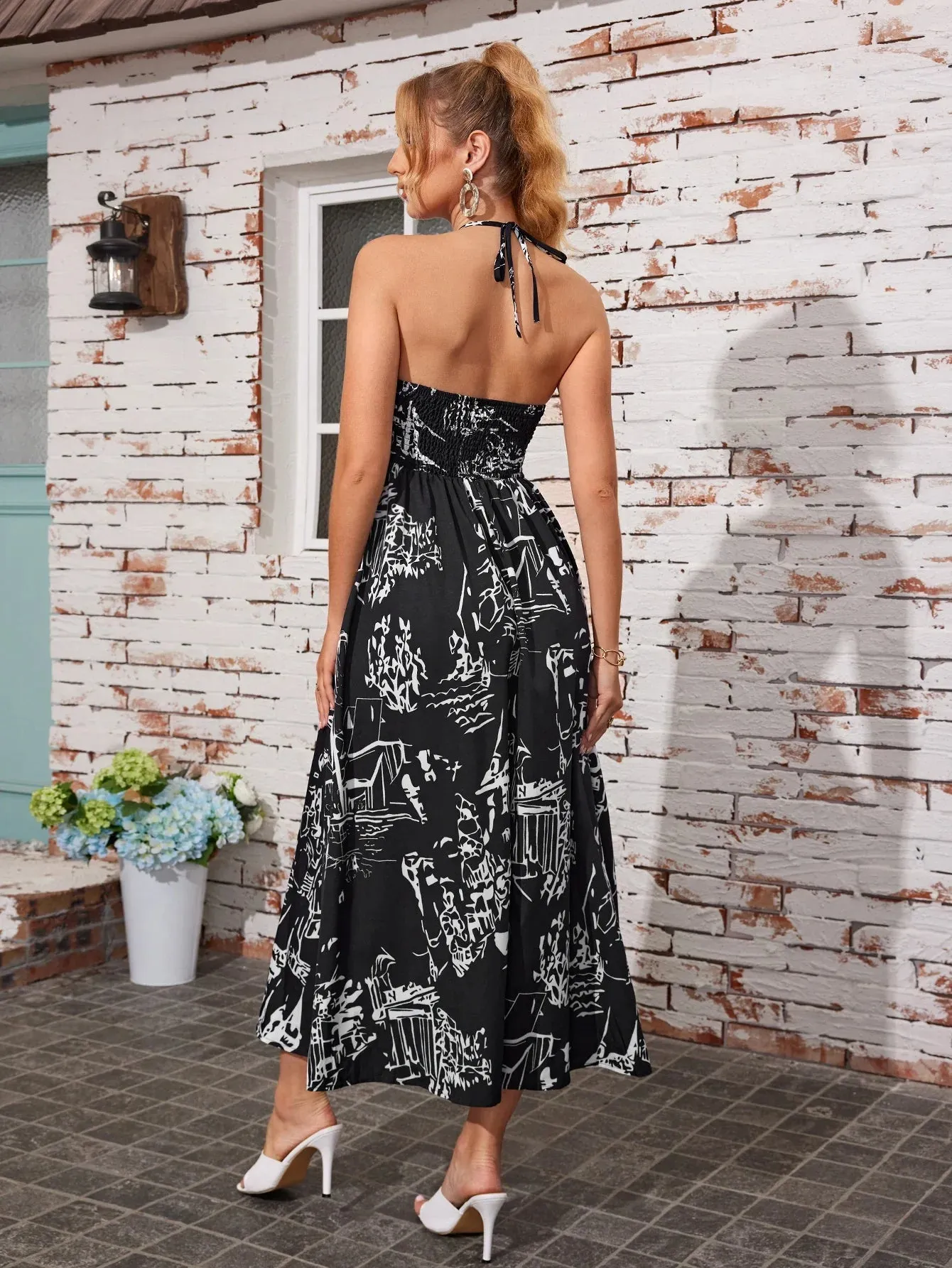 Painted Hand Summer Elegant Backless Print Halter Camis New Long Dress