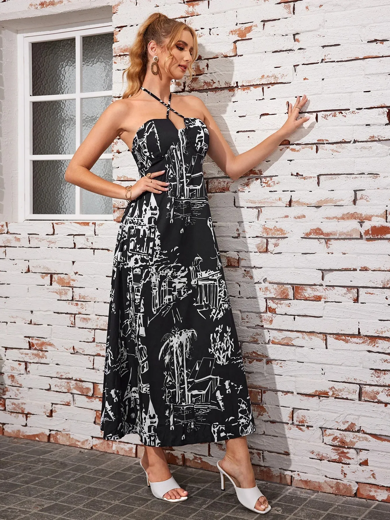 Painted Hand Summer Elegant Backless Print Halter Camis New Long Dress