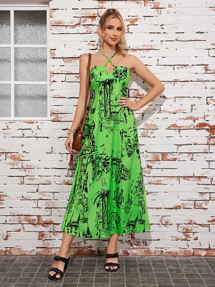 Painted Hand Summer Elegant Backless Print Halter Camis New Long Dress