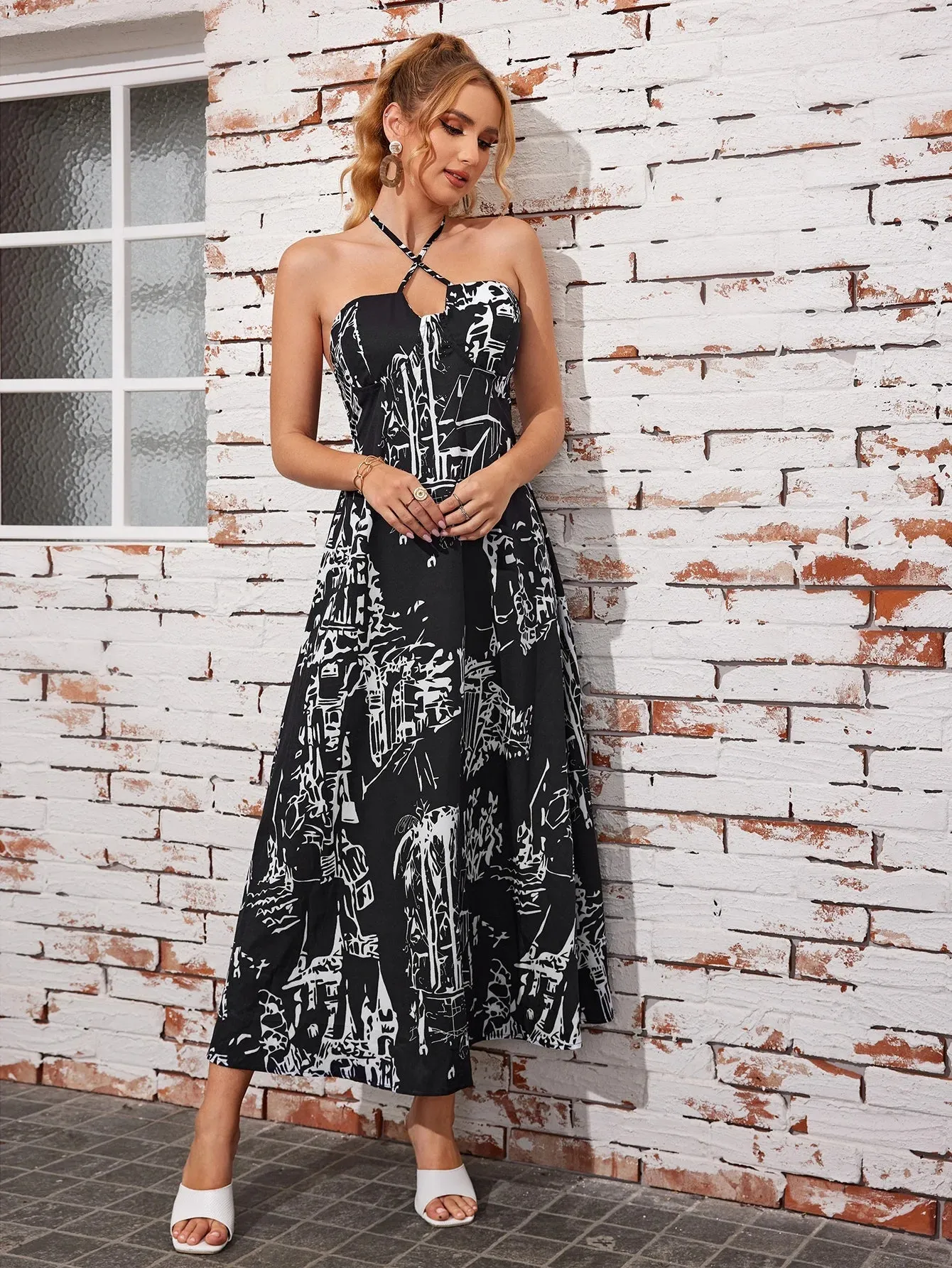 Painted Hand Summer Elegant Backless Print Halter Camis New Long Dress