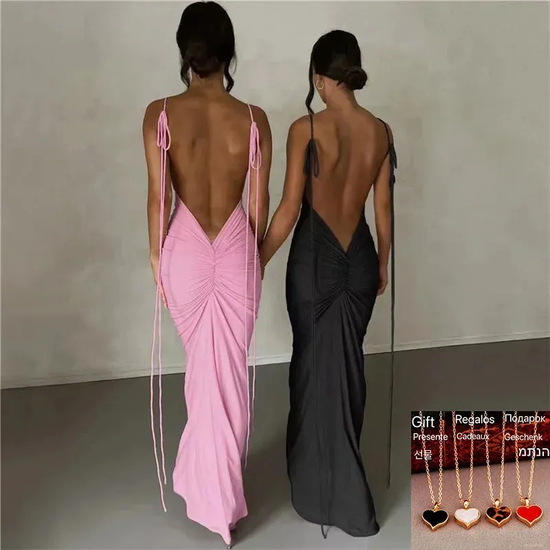 Party Spaghetti Solid Backless Sexy Birthday 2024 Club Elegant Strap Vestido Dress