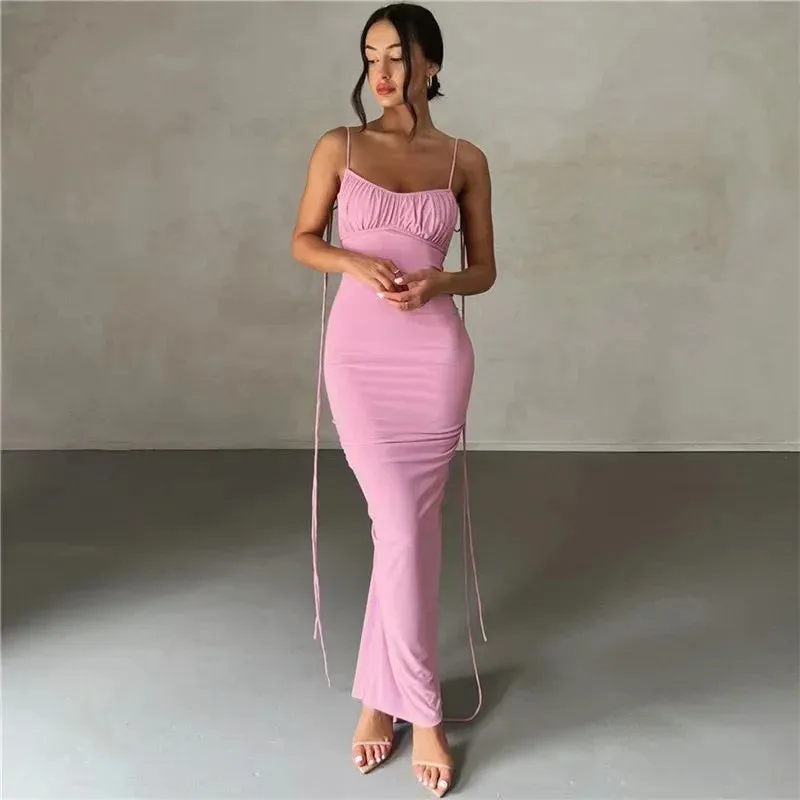 Party Spaghetti Solid Backless Sexy Birthday 2024 Club Elegant Strap Vestido Dress