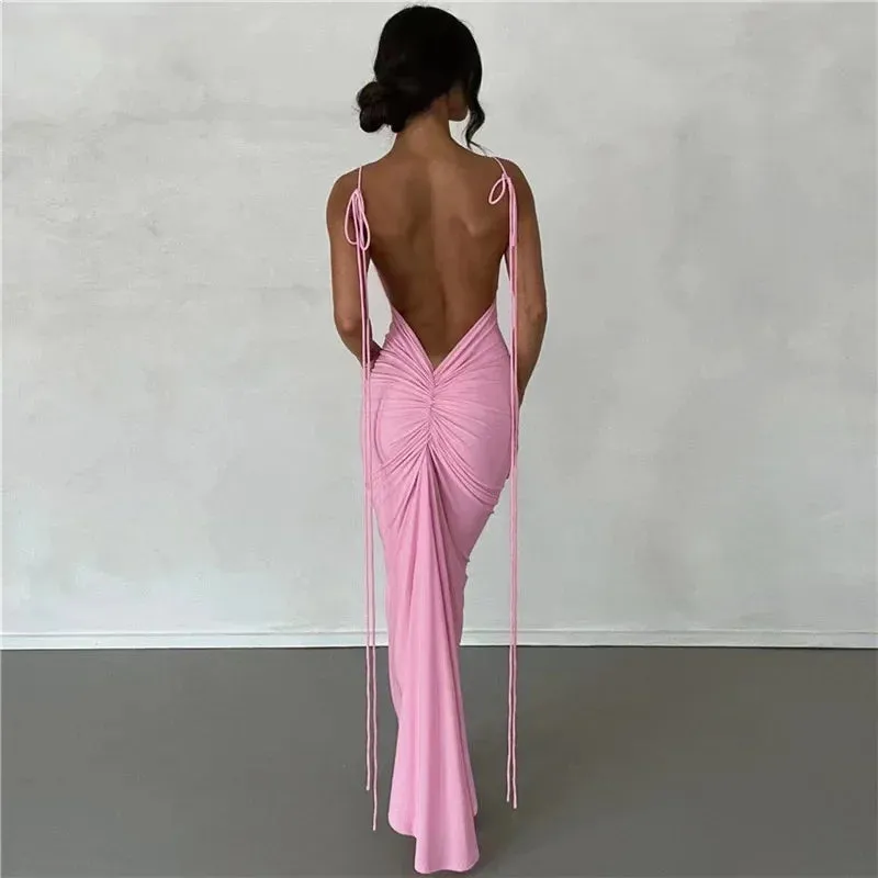 Party Spaghetti Solid Backless Sexy Birthday 2024 Club Elegant Strap Vestido Dress