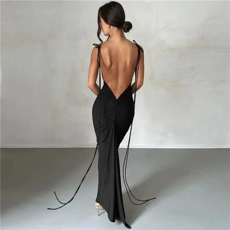 Party Spaghetti Solid Backless Sexy Birthday 2024 Club Elegant Strap Vestido Dress