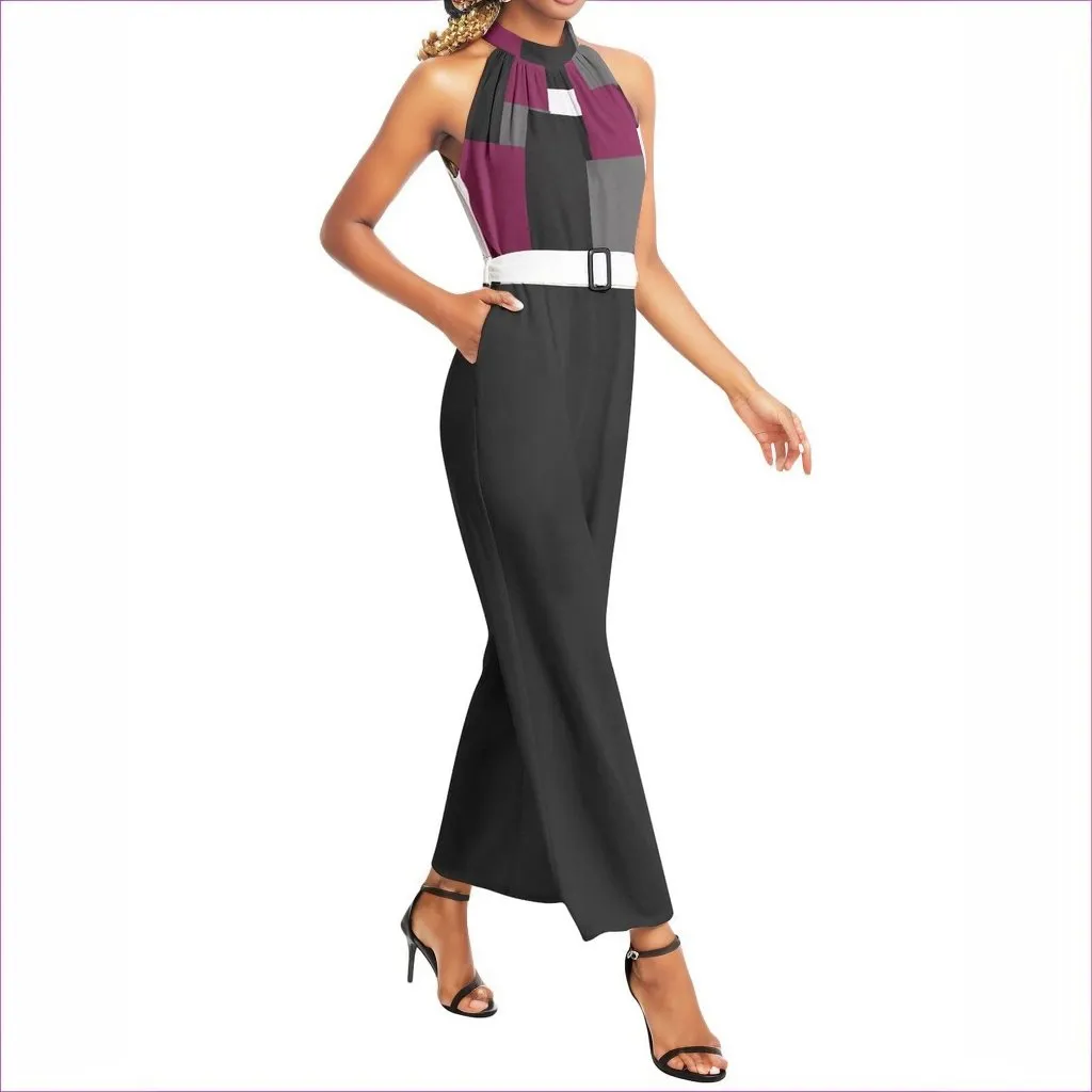 Patchwork Black Halter Neck Buckle Belted Jumpsuit