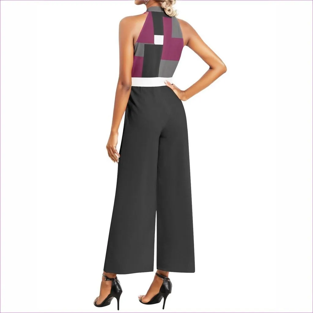 Patchwork Black Halter Neck Buckle Belted Jumpsuit