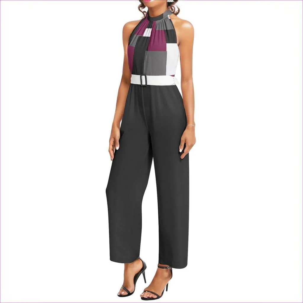 Patchwork Black Halter Neck Buckle Belted Jumpsuit