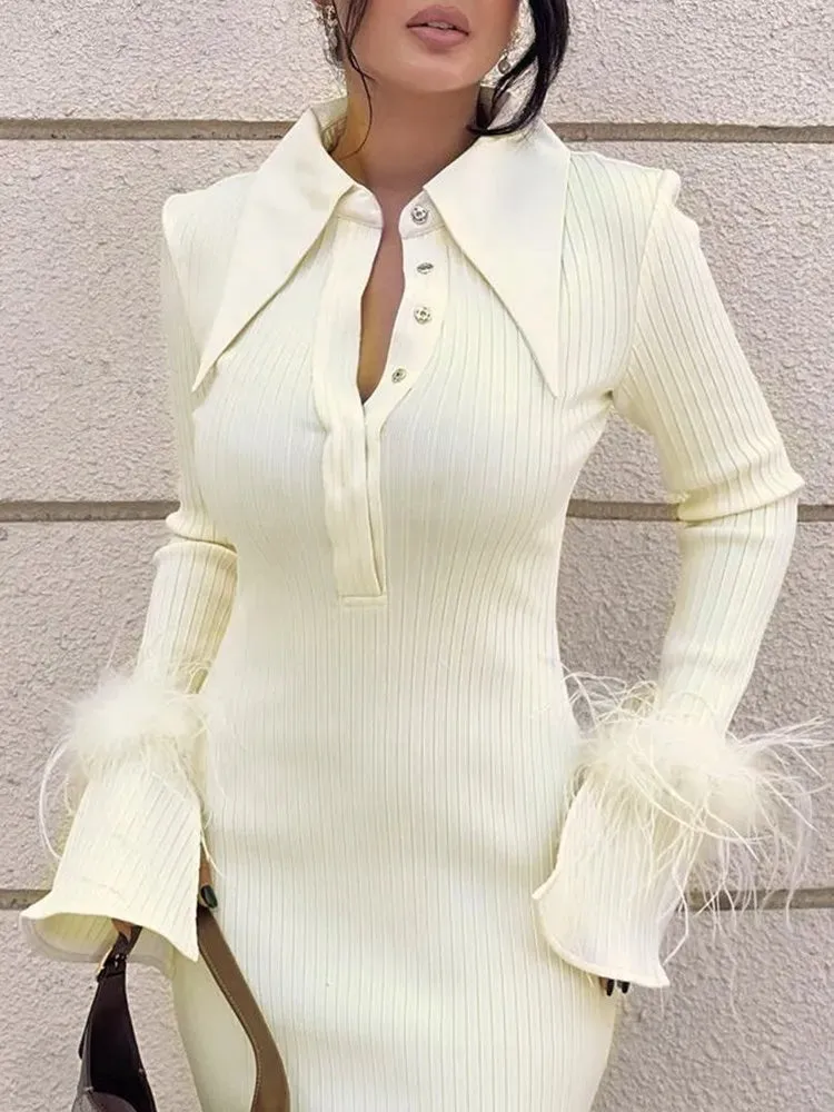 Patchwork Feathers Long Sleeve Knit Bandage Dress