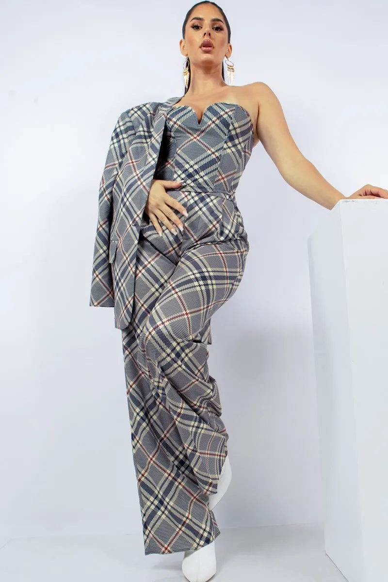 Plaid Bustier Top & Wide Pants Outfit Set