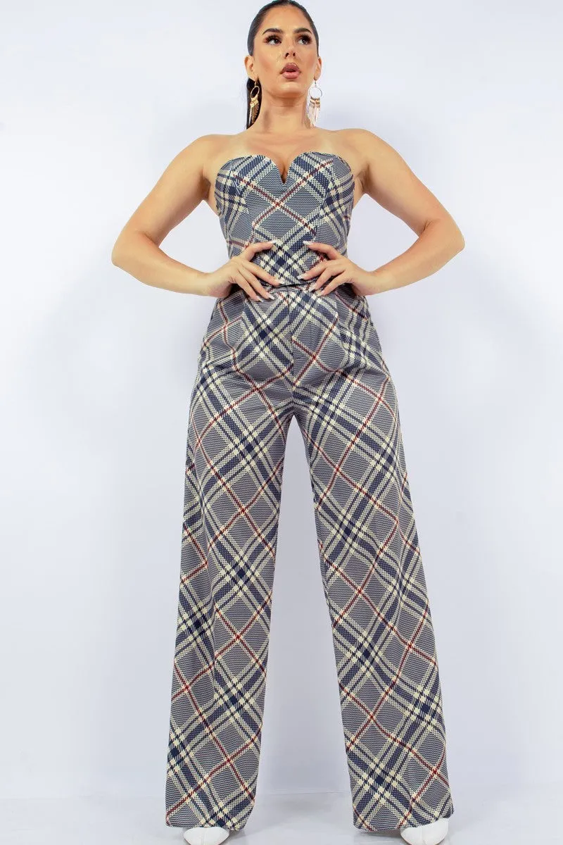 Plaid Bustier Top & Wide Pants Outfit Set