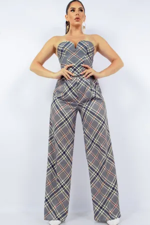 Plaid Bustier Top & Wide Pants Outfit Set