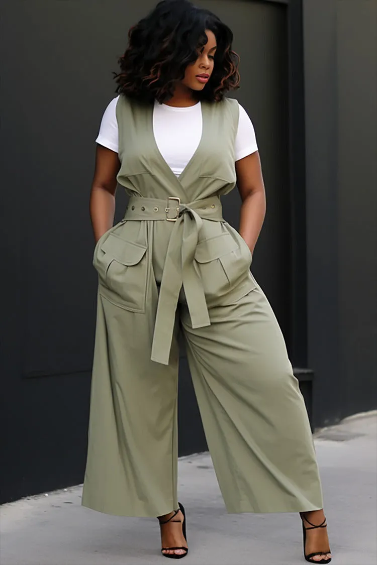 Plus Size Business Casual Green V Neck Wrap Pocket Jumpsuit