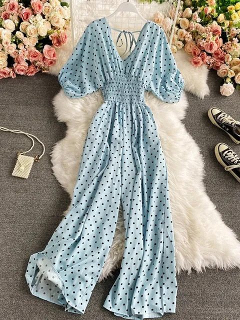 Polka Dot Romper Women Elegant Puff Short Sleeve High Waist Jumpsuit