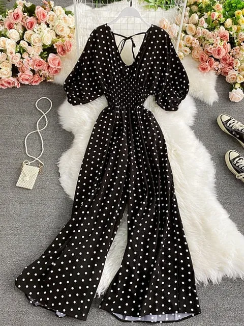 Polka Dot Romper Women Elegant Puff Short Sleeve High Waist Jumpsuit