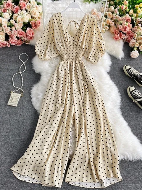 Polka Dot Romper Women Elegant Puff Short Sleeve High Waist Jumpsuit