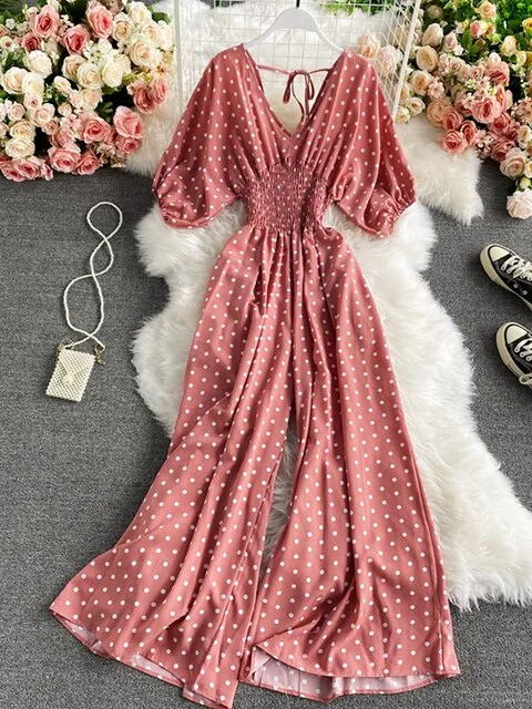 Polka Dot Romper Women Elegant Puff Short Sleeve High Waist Jumpsuit