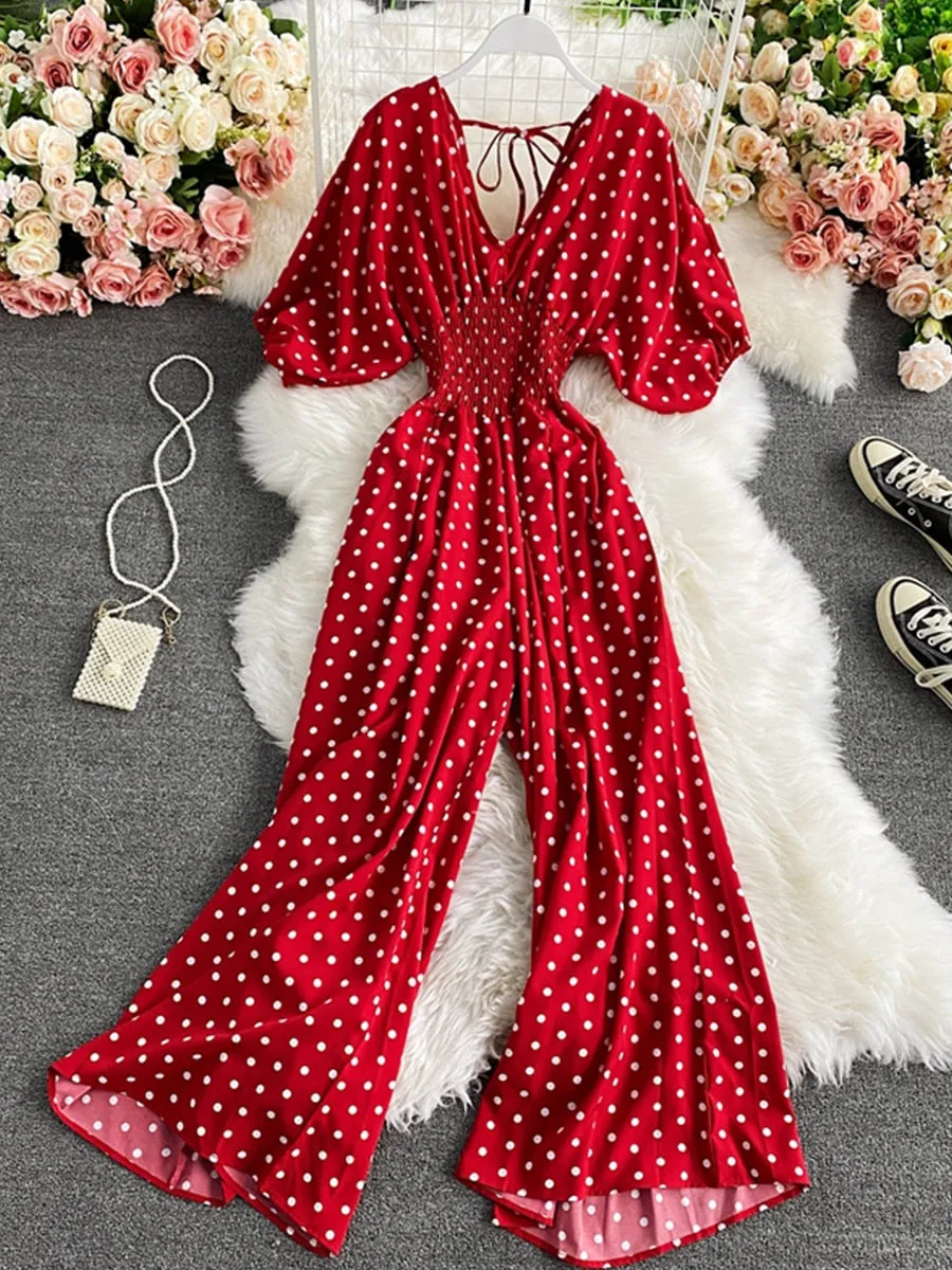 Polka Dot Romper Women Elegant Puff Short Sleeve High Waist Jumpsuit