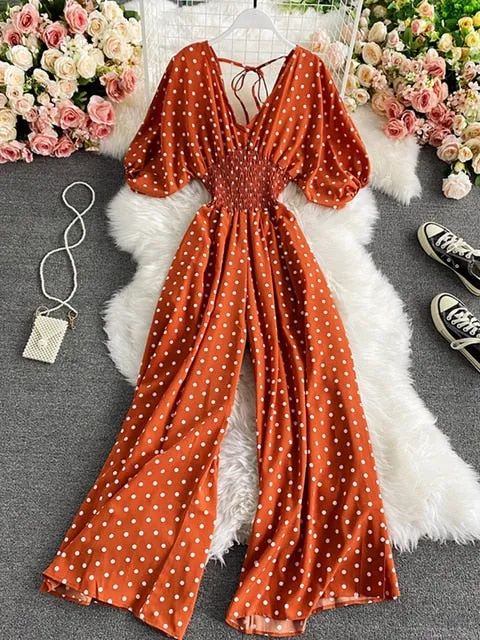 Polka Dot Romper Women Elegant Puff Short Sleeve High Waist Jumpsuit