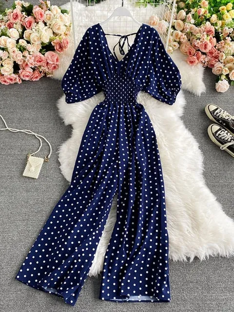 Polka Dot Romper Women Elegant Puff Short Sleeve High Waist Jumpsuit