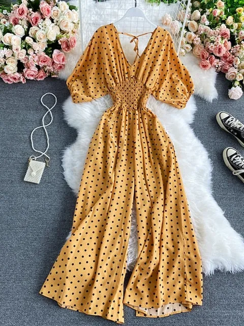 Polka Dot Romper Women Elegant Puff Short Sleeve High Waist Jumpsuit