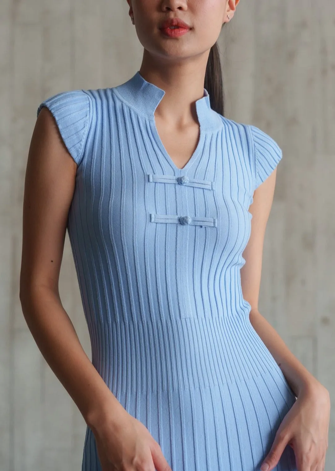 Power Shoulder Ribbed Qipao (Light Blue)