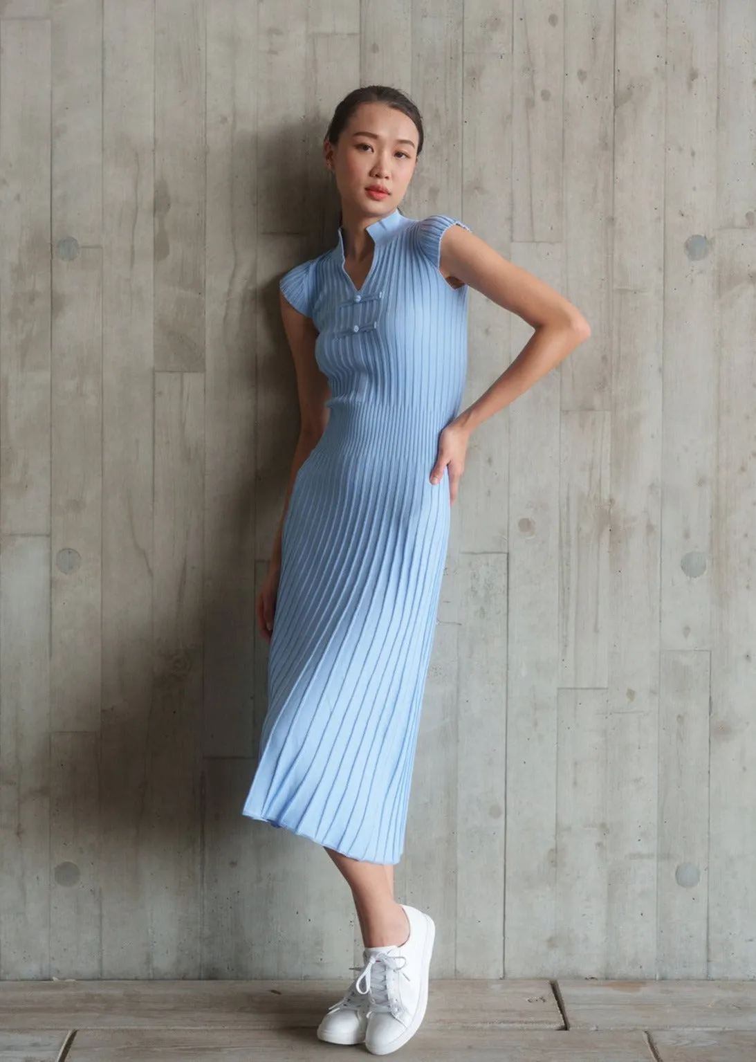 Power Shoulder Ribbed Qipao (Light Blue)