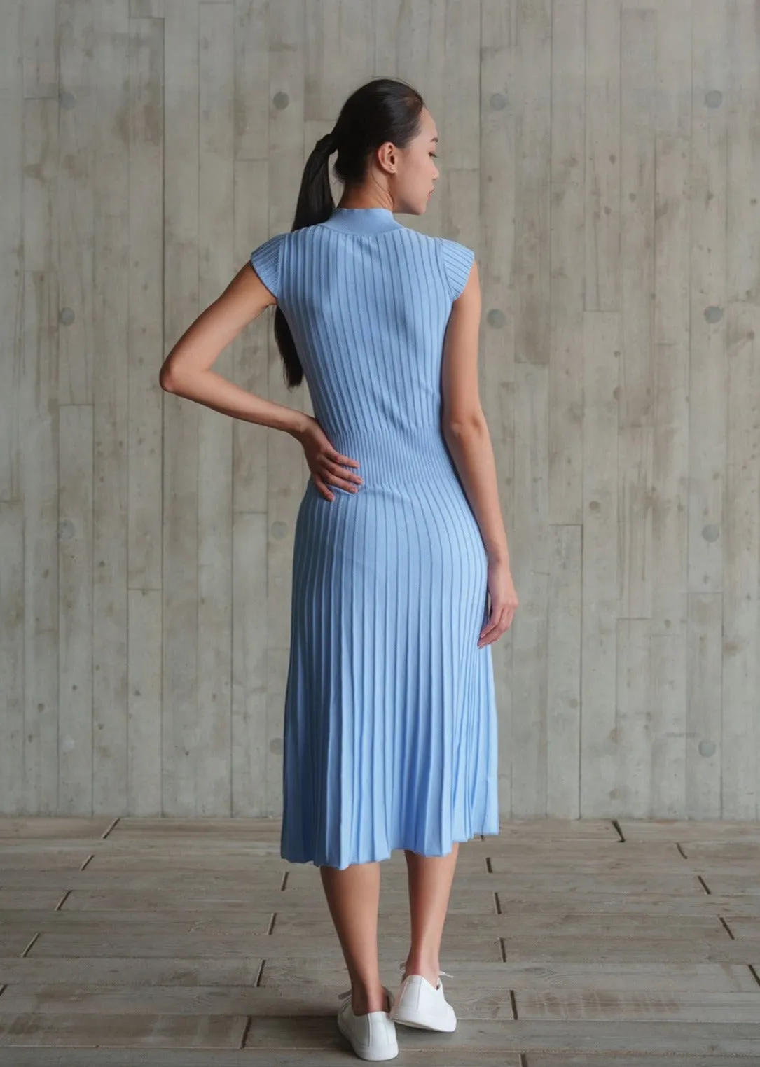 Power Shoulder Ribbed Qipao (Light Blue)