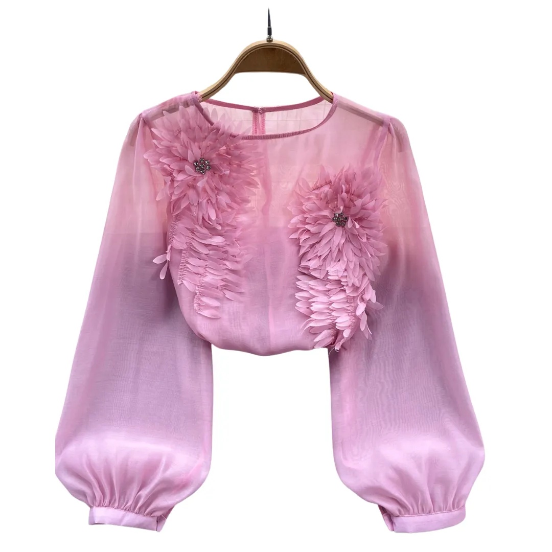 Pre Order:  3D Flower Slim Fit Bubble Sleeve Blouse