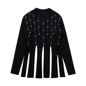 Pre Order:  Knitted Black Faux-Pearls Tassels Sweater